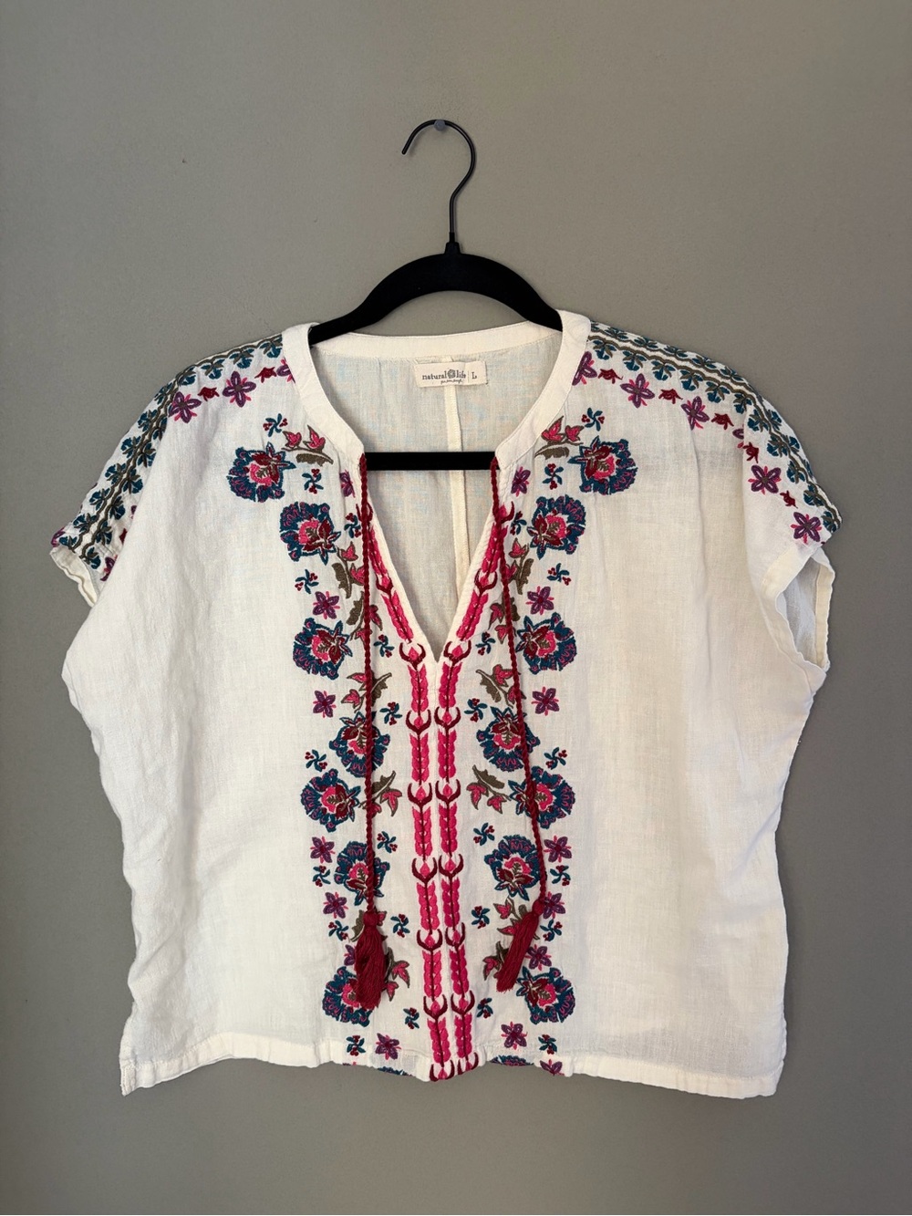 Natural Life Top Floral Embroidered Boho Peasant Blouse 100% Cotton Tassel Large
